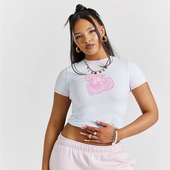 Hoodrich Finesse White and Pink Graphic Crop Top Cherry baby tee rhinestone - Picture 2 of 5